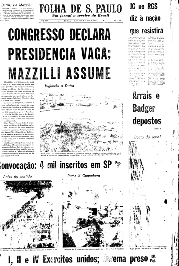 Capa da Folha de S.Paulo de 02 de abril de 1964