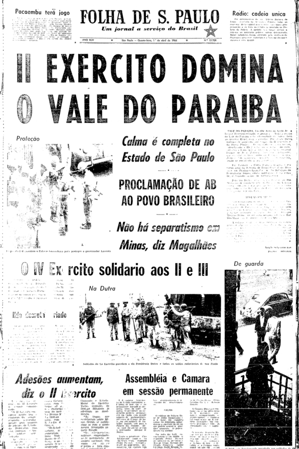 Capa da Folha de S.Paulo de 1º de abril de 1964